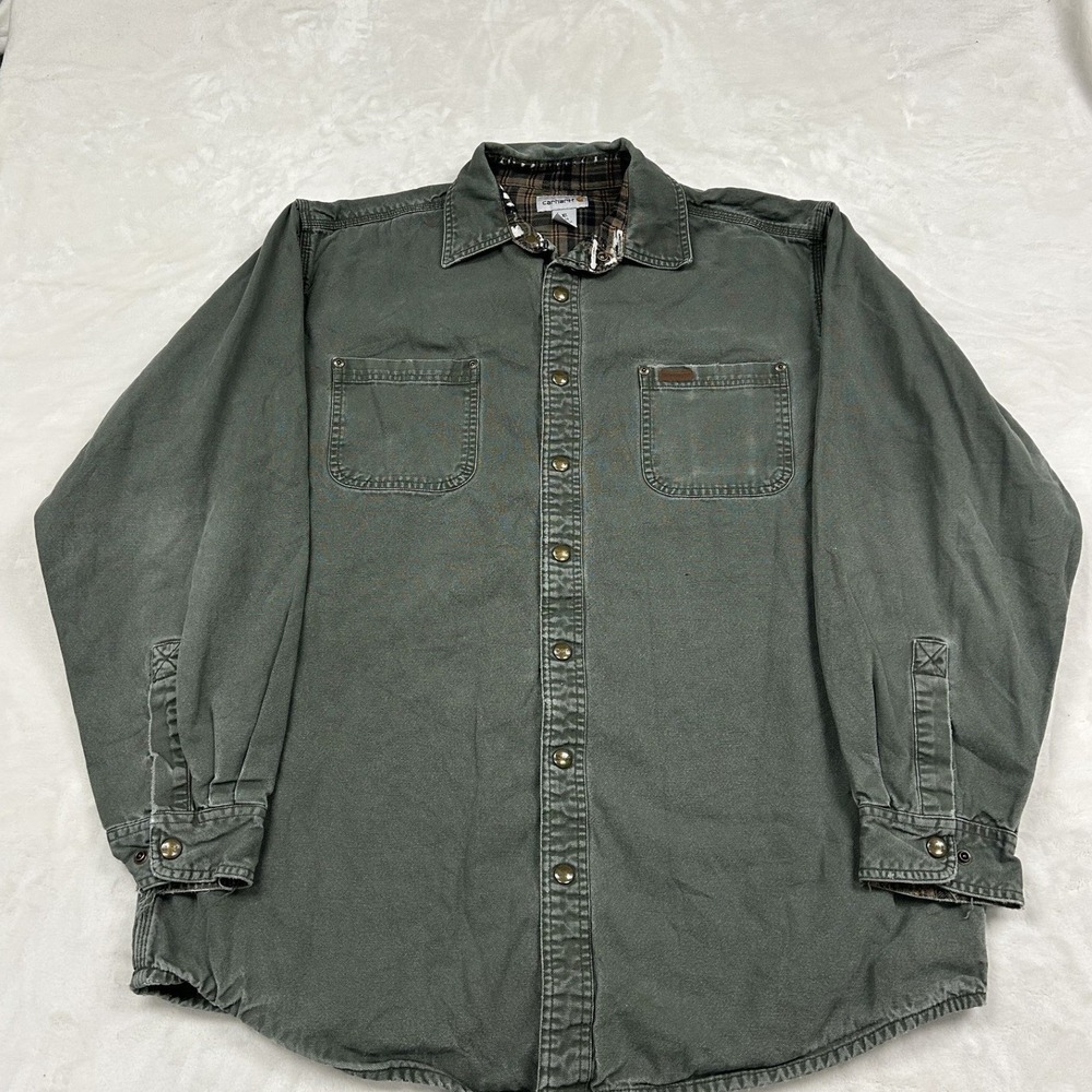 Carhartt Shirt Jacket Mens XL Tall Green Flannel Lined Canvas Button Up